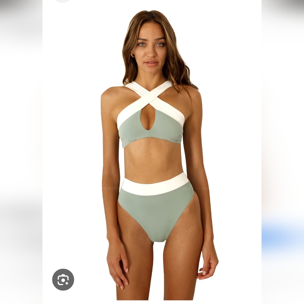 Cross-Front High-Waist Bikini Set in Sage and White